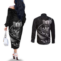 Personalised All Black New Zealand Darts Couples Matching Off The Shoulder Long Sleeve Dress and Long Sleeve Button Shirt Aoteroa Fern Maori Galaxy Style LT14 - Polynesian Pride