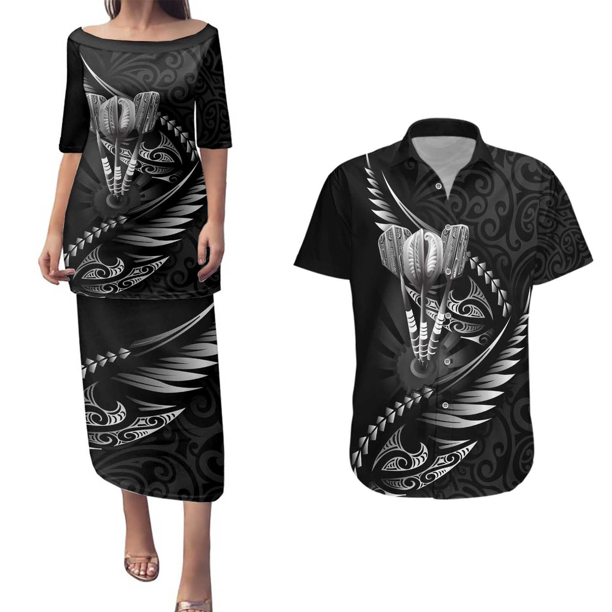 Personalised All Black New Zealand Darts Couples Matching Puletasi and Hawaiian Shirt Aoteroa Fern Maori Galaxy Style LT14 Black - Polynesian Pride
