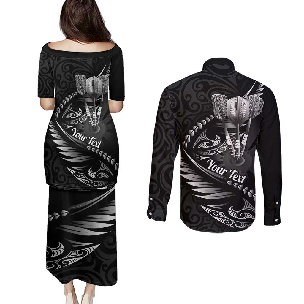 Personalised All Black New Zealand Darts Couples Matching Puletasi and Long Sleeve Button Shirt Aoteroa Fern Maori Galaxy Style LT14 - Polynesian Pride