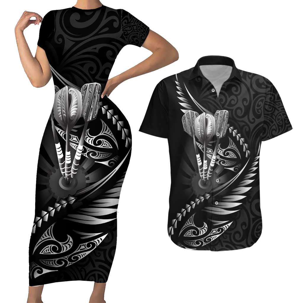 Personalised All Black New Zealand Darts Couples Matching Short Sleeve Bodycon Dress and Hawaiian Shirt Aoteroa Fern Maori Galaxy Style LT14 Black - Polynesian Pride