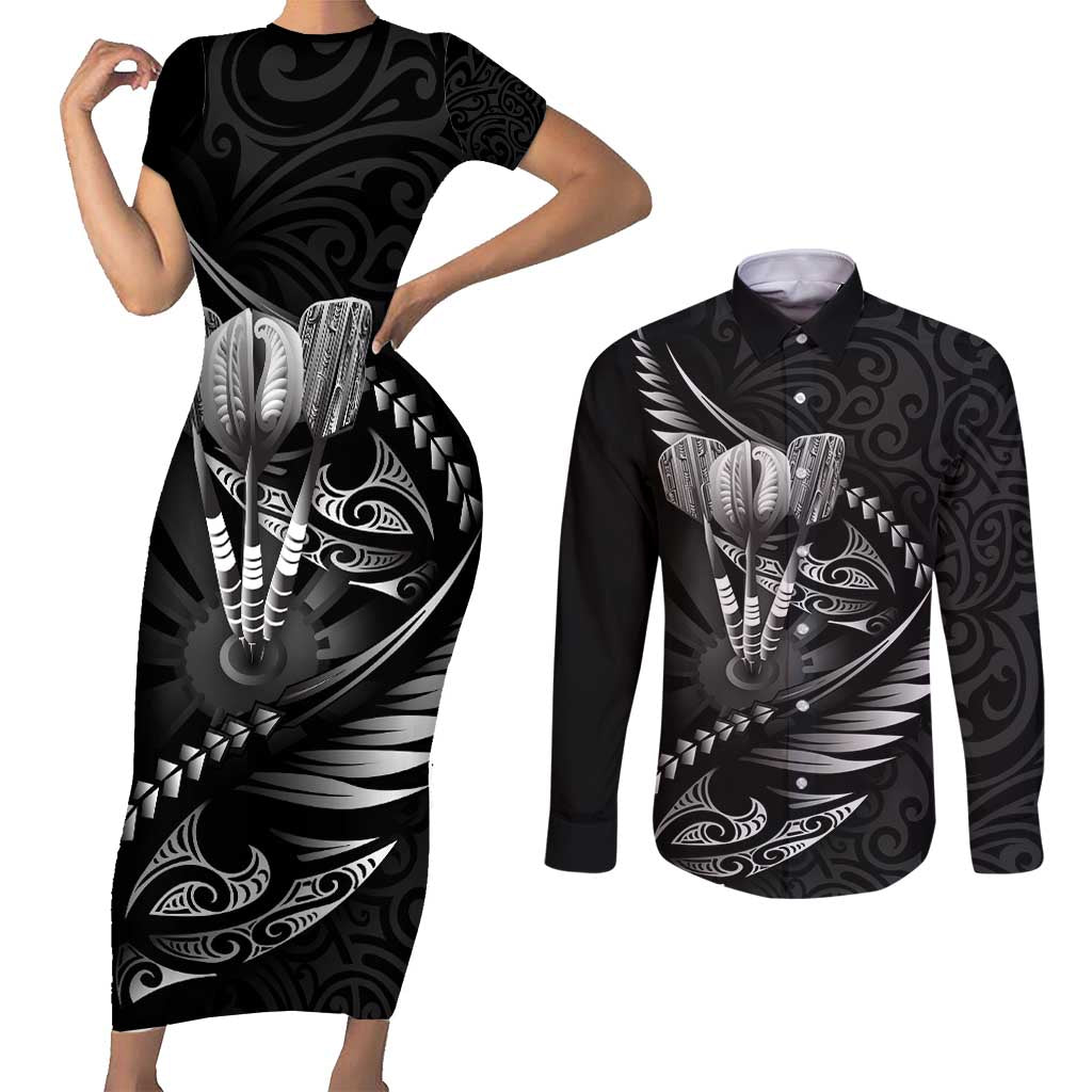Personalised All Black New Zealand Darts Couples Matching Short Sleeve Bodycon Dress and Long Sleeve Button Shirt Aoteroa Fern Maori Galaxy Style LT14 Black - Polynesian Pride