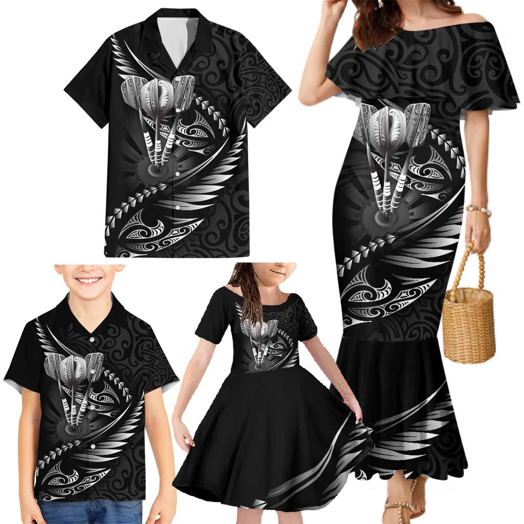 Personalised All Black New Zealand Darts Family Matching Mermaid Dress and Hawaiian Shirt Aoteroa Fern Maori Galaxy Style LT14 - Polynesian Pride