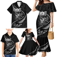 Personalised All Black New Zealand Darts Family Matching Mermaid Dress and Hawaiian Shirt Aoteroa Fern Maori Galaxy Style LT14 - Polynesian Pride