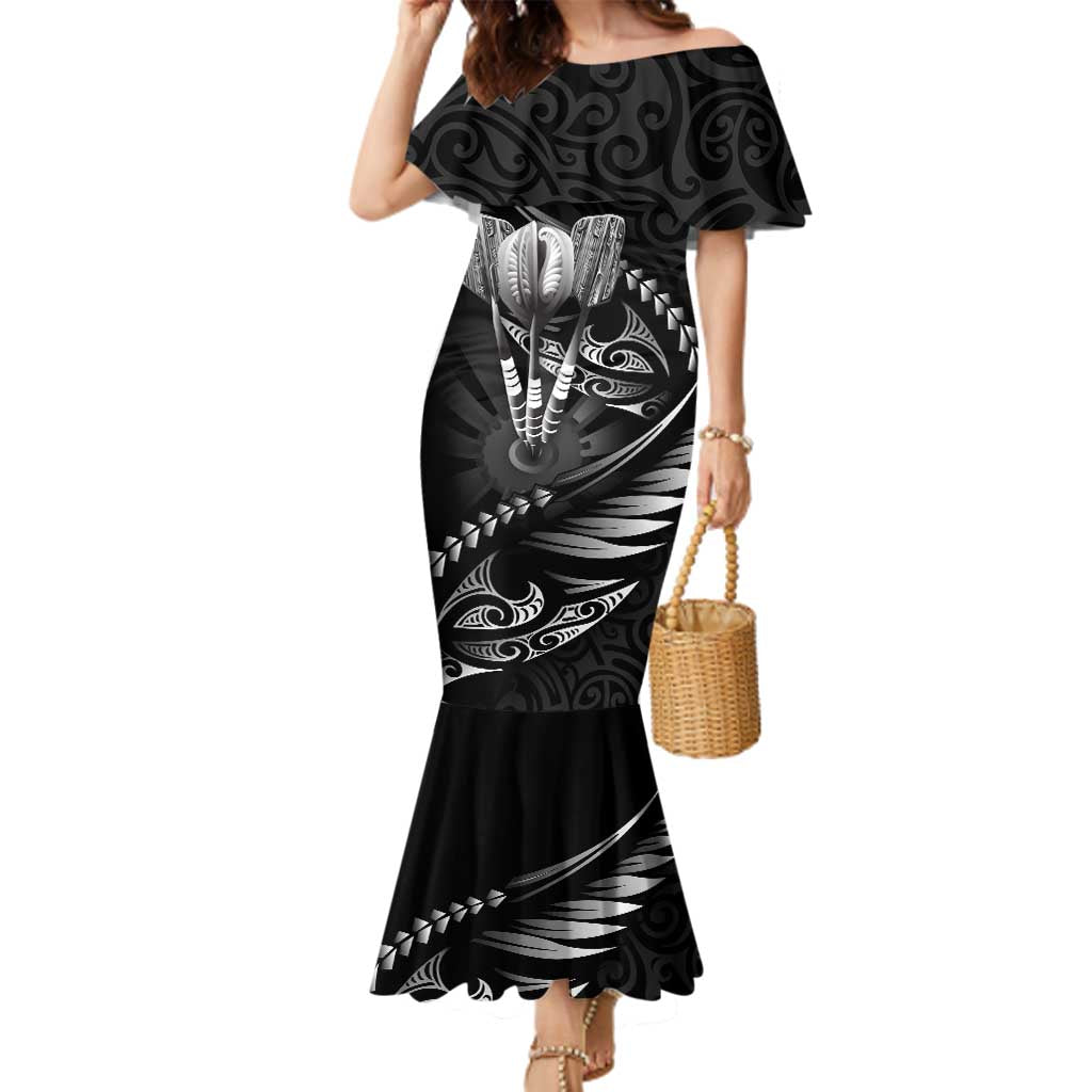 Personalised All Black New Zealand Darts Family Matching Mermaid Dress and Hawaiian Shirt Aoteroa Fern Maori Galaxy Style LT14 Mom's Dress Black - Polynesian Pride