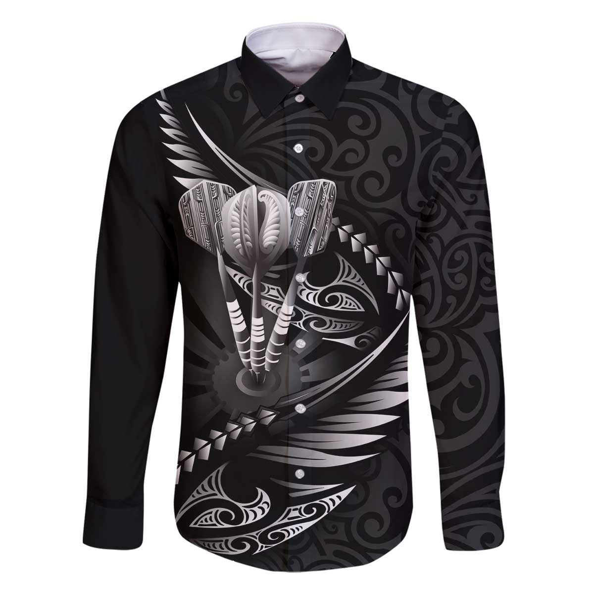 Personalised All Black New Zealand Darts Family Matching Off The Shoulder Long Sleeve Dress and Hawaiian Shirt Aoteroa Fern Maori Galaxy Style LT14 Dad's Shirt - Long Sleeve Black - Polynesian Pride