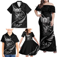 Personalised All Black New Zealand Darts Family Matching Off Shoulder Maxi Dress and Hawaiian Shirt Aoteroa Fern Maori Galaxy Style LT14 - Polynesian Pride