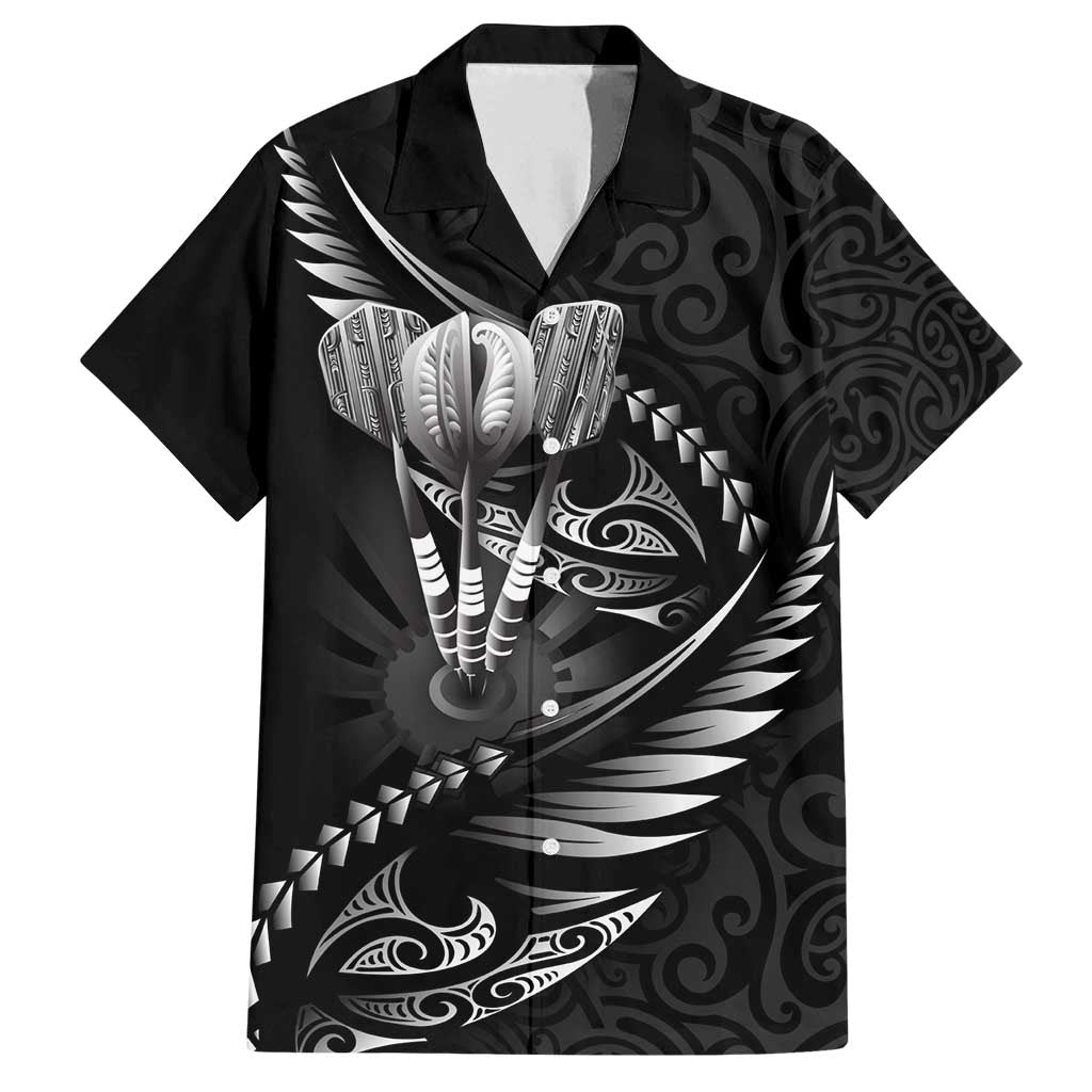 Personalised All Black New Zealand Darts Family Matching Off Shoulder Maxi Dress and Hawaiian Shirt Aoteroa Fern Maori Galaxy Style LT14 Dad's Shirt - Short Sleeve Black - Polynesian Pride