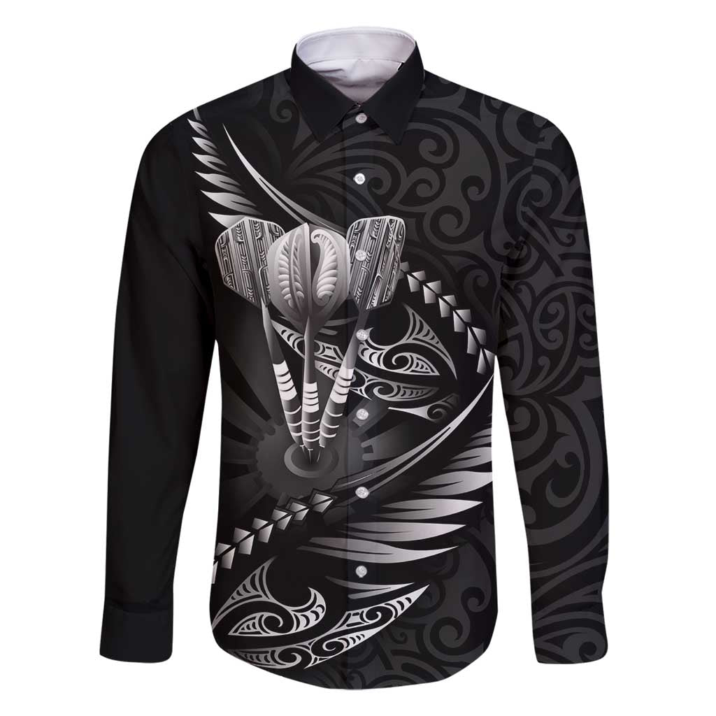 Personalised All Black New Zealand Darts Family Matching Off Shoulder Maxi Dress and Hawaiian Shirt Aoteroa Fern Maori Galaxy Style LT14 Dad's Shirt - Long Sleeve Black - Polynesian Pride