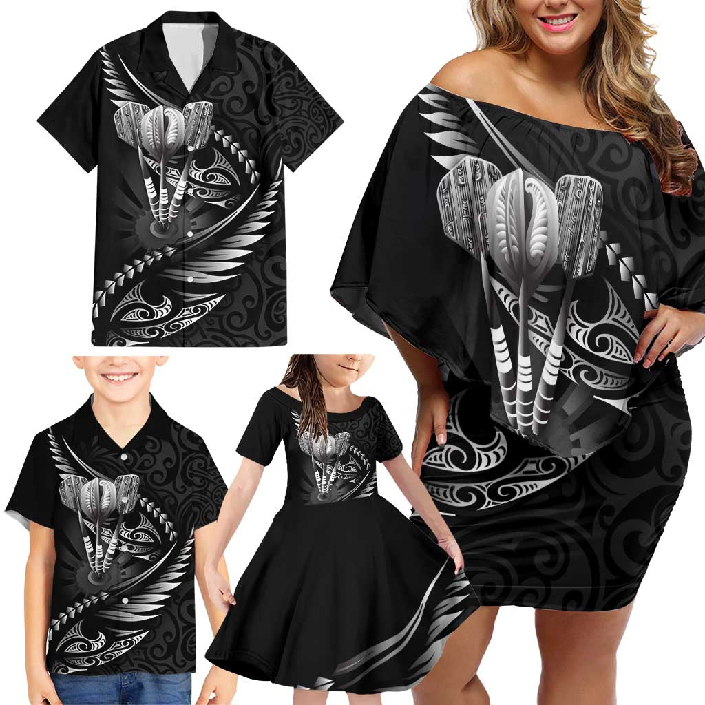 Personalised All Black New Zealand Darts Family Matching Off Shoulder Short Dress and Hawaiian Shirt Aoteroa Fern Maori Galaxy Style LT14 - Polynesian Pride