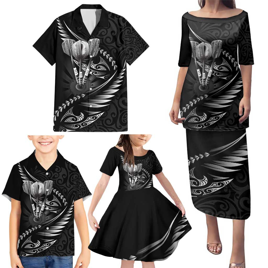 Personalised All Black New Zealand Darts Family Matching Puletasi and Hawaiian Shirt Aoteroa Fern Maori Galaxy Style