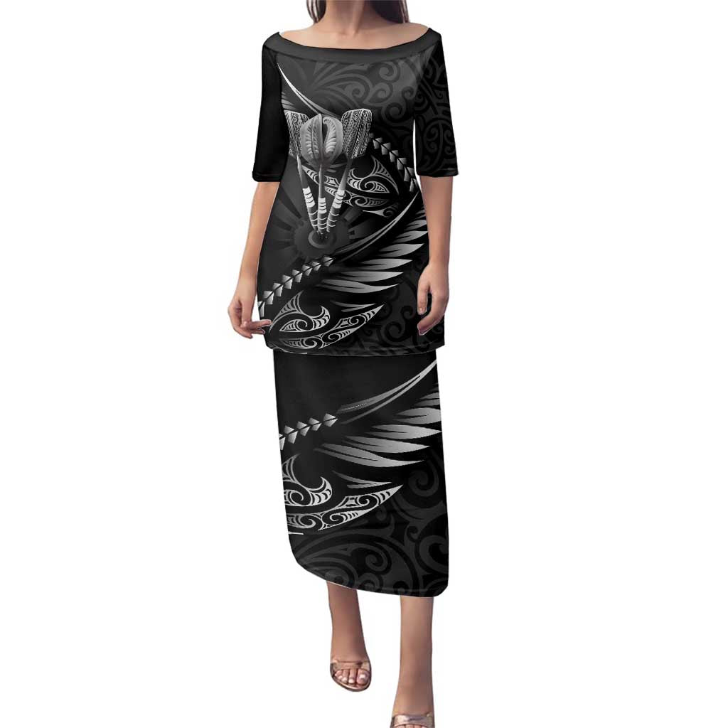 Personalised All Black New Zealand Darts Family Matching Puletasi and Hawaiian Shirt Aoteroa Fern Maori Galaxy Style LT14 Mom's Dress Black - Polynesian Pride