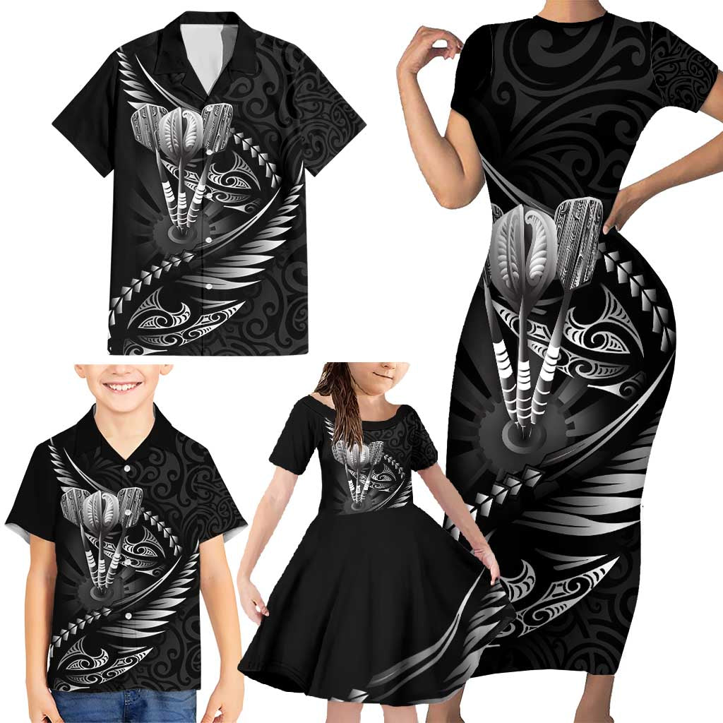 Personalised All Black New Zealand Darts Family Matching Short Sleeve Bodycon Dress and Hawaiian Shirt Aoteroa Fern Maori Galaxy Style LT14 - Polynesian Pride