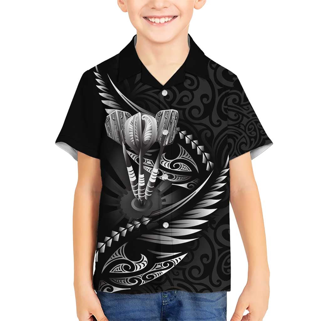 Personalised All Black New Zealand Darts Family Matching Short Sleeve Bodycon Dress and Hawaiian Shirt Aoteroa Fern Maori Galaxy Style LT14 Son's Shirt Black - Polynesian Pride