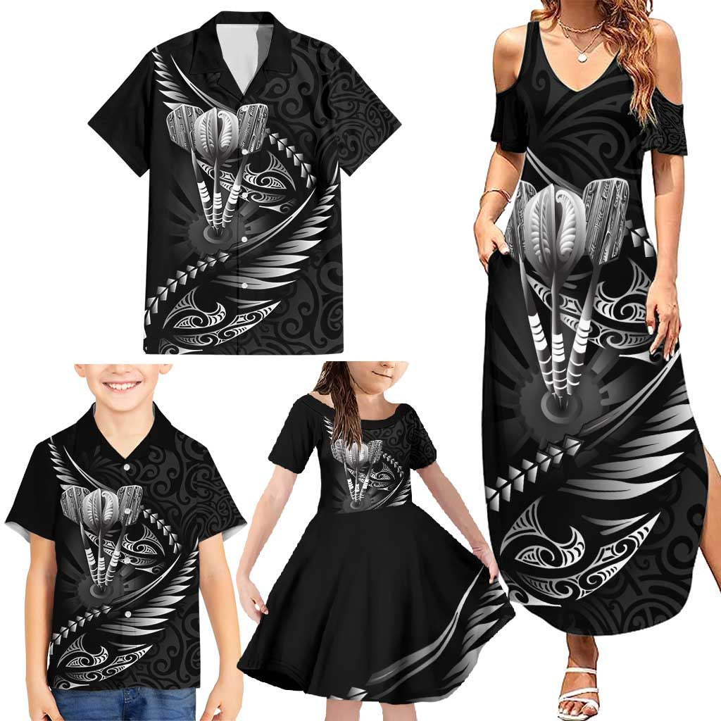 Personalised All Black New Zealand Darts Family Matching Summer Maxi Dress and Hawaiian Shirt Aoteroa Fern Maori Galaxy Style LT14 - Polynesian Pride