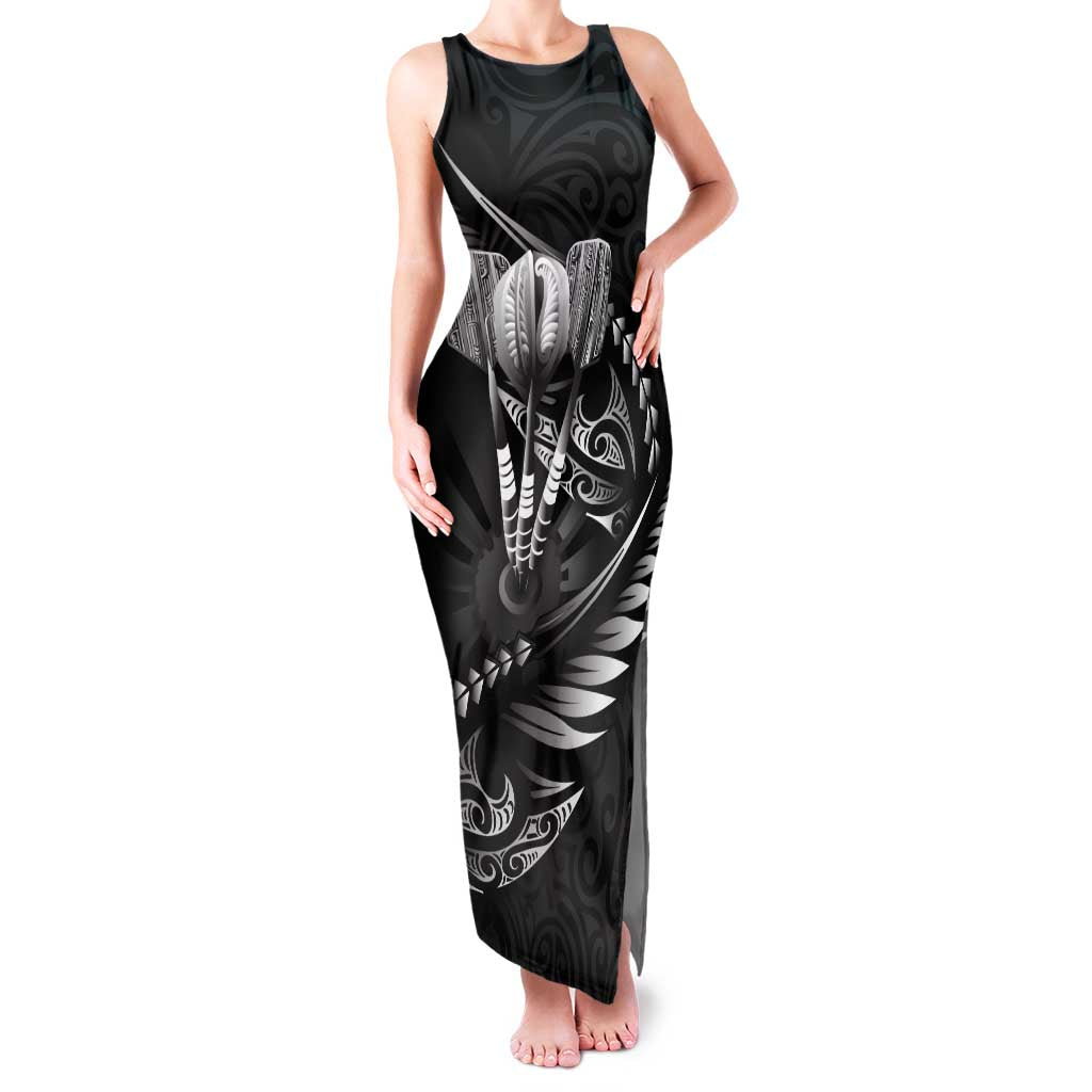 Personalised All Black New Zealand Darts Family Matching Tank Maxi Dress and Hawaiian Shirt Aoteroa Fern Maori Galaxy Style LT14 Mom's Dress Black - Polynesian Pride