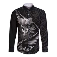 Personalised All Black New Zealand Darts Long Sleeve Button Shirt Aoteroa Fern Maori Galaxy Style LT14 Unisex Black - Polynesian Pride
