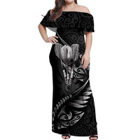 Personalised All Black New Zealand Darts Off Shoulder Maxi Dress Aoteroa Fern Maori Galaxy Style LT14 Women Black - Polynesian Pride