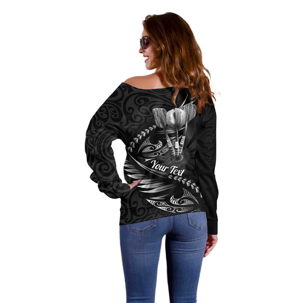 Personalised All Black New Zealand Darts Off Shoulder Sweater Aoteroa Fern Maori Galaxy Style LT14 - Polynesian Pride