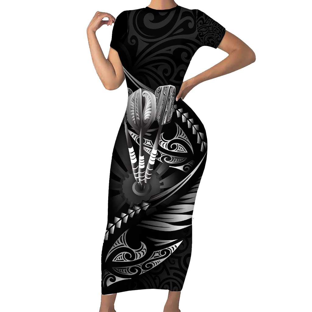 Personalised All Black New Zealand Darts Short Sleeve Bodycon Dress Aoteroa Fern Maori Galaxy Style LT14 Long Dress Black - Polynesian Pride