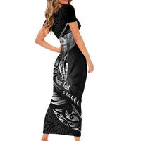 Personalised All Black New Zealand Darts Short Sleeve Bodycon Dress Aoteroa Fern Maori Galaxy Style LT14 - Polynesian Pride