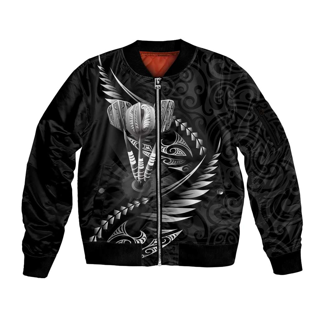 Personalised All Black New Zealand Darts Sleeve Zip Bomber Jacket Aoteroa Fern Maori Galaxy Style LT14 Unisex Black - Polynesian Pride