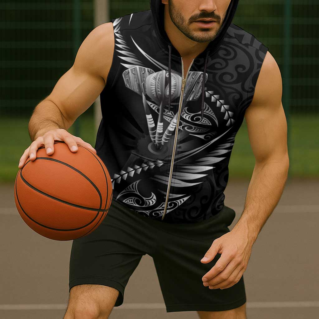 Personalised All Black New Zealand Darts Sleeveless Zip Hoodie Aoteroa Fern Maori Galaxy Style - Polynesian Pride