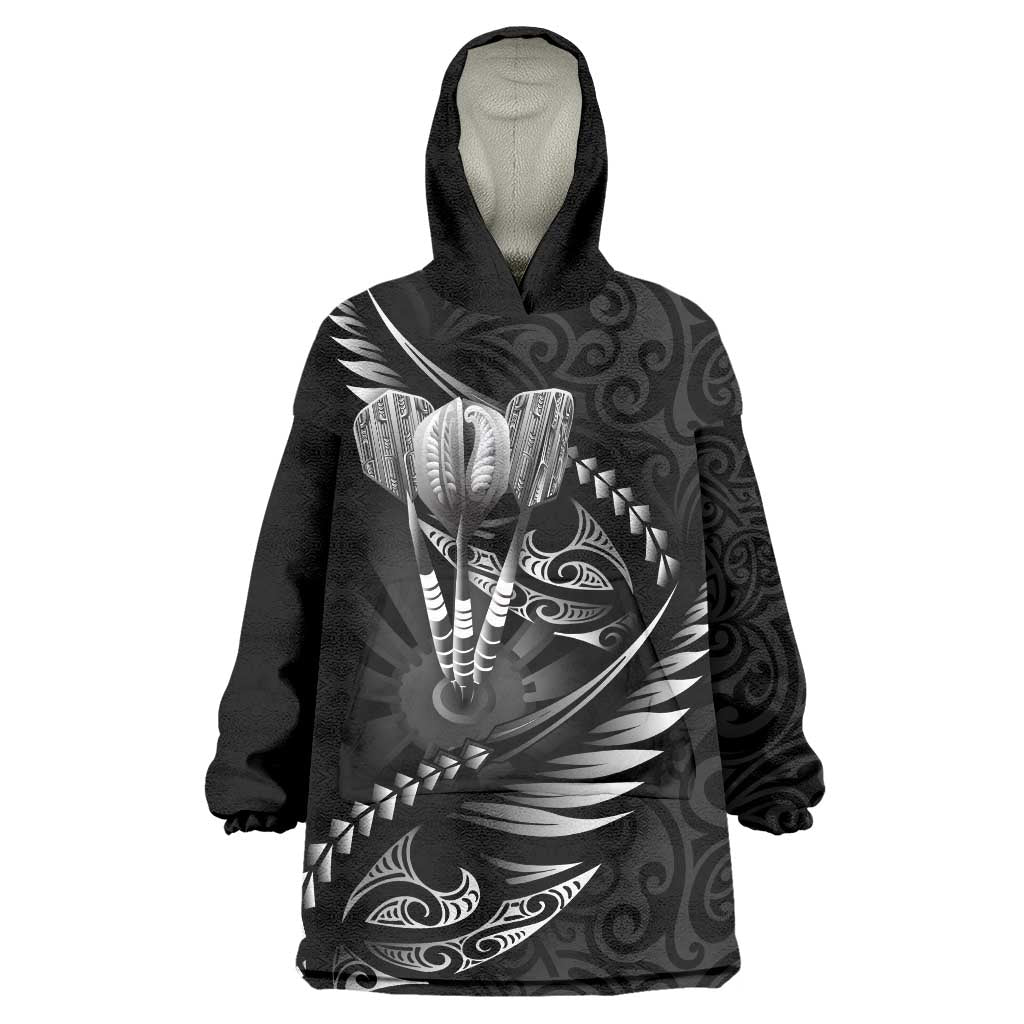 Personalised All Black New Zealand Darts Wearable Blanket Hoodie Aoteroa Fern Maori Galaxy Style LT14 One Size Black - Polynesian Pride