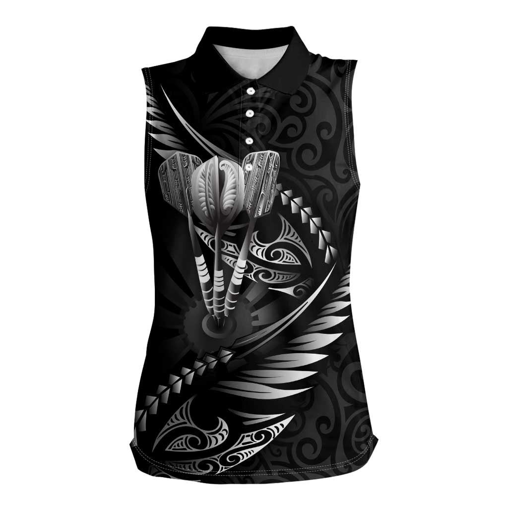 Personalised All Black New Zealand Darts Women Sleeveless Polo Shirt Aoteroa Fern Maori Galaxy Style LT14 Female Black - Polynesian Pride