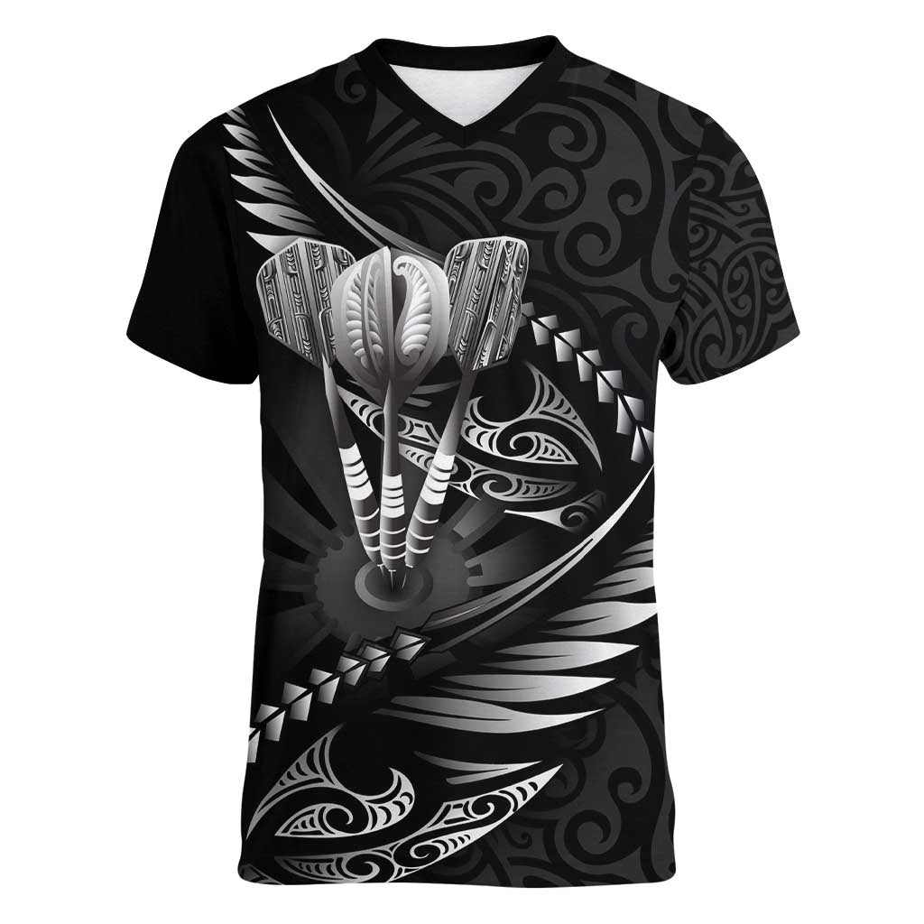 Personalised All Black New Zealand Darts Women V-Neck T-Shirt Aoteroa Fern Maori Galaxy Style LT14 Female Black - Polynesian Pride