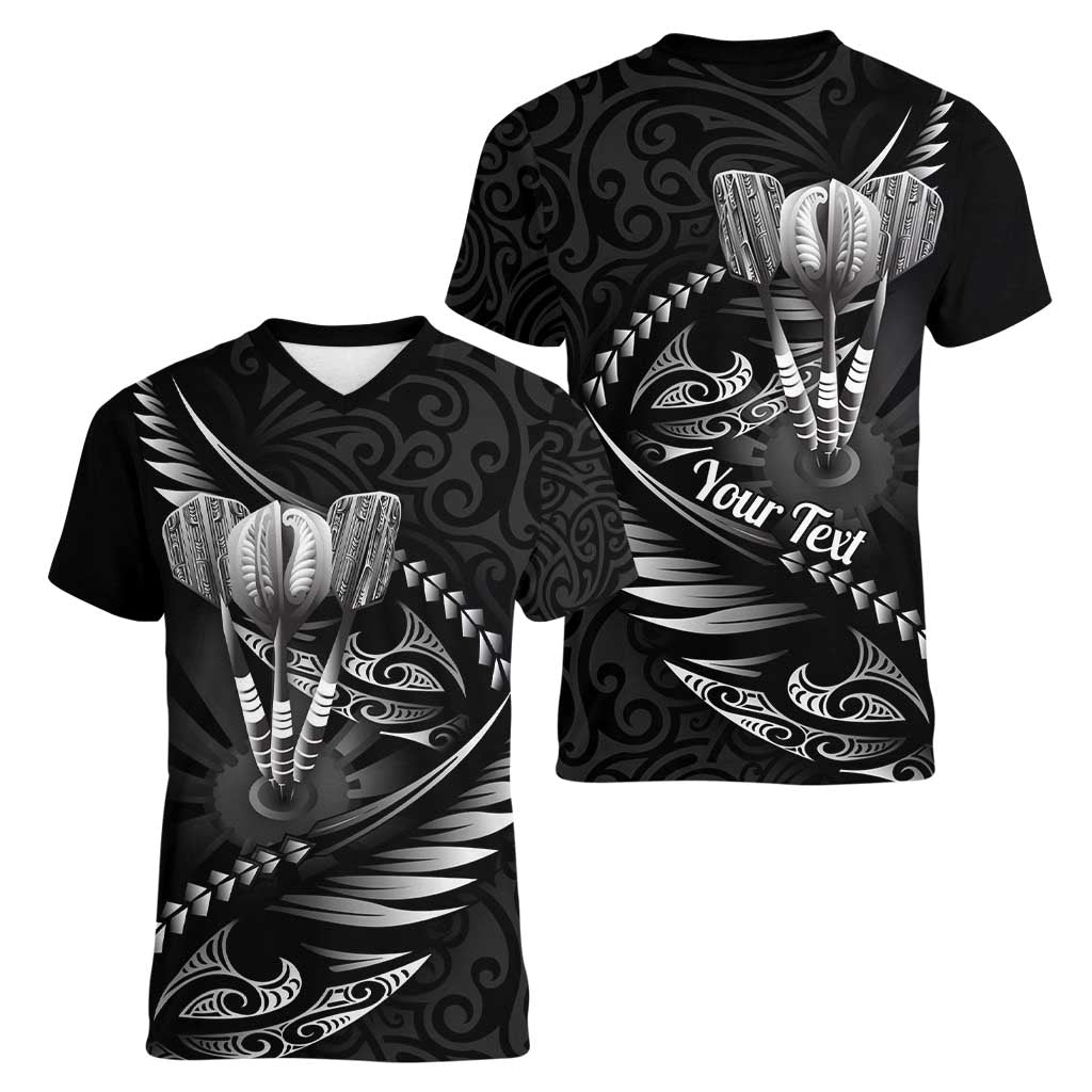 Personalised All Black New Zealand Darts Women V-Neck T-Shirt Aoteroa Fern Maori Galaxy Style LT14 - Polynesian Pride