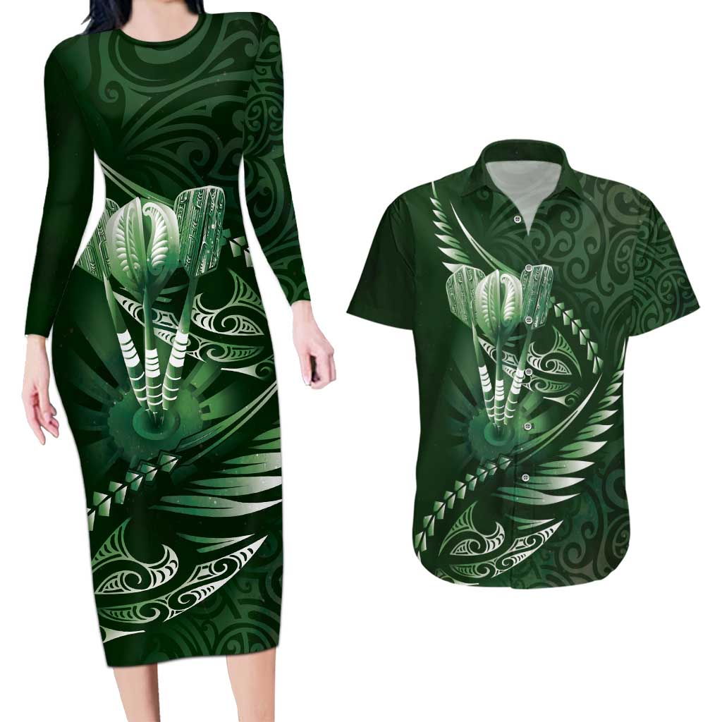 Personalised All Green New Zealand Darts Couples Matching Long Sleeve Bodycon Dress and Hawaiian Shirt Aoteroa Fern Maori Galaxy Style LT14 Green - Polynesian Pride
