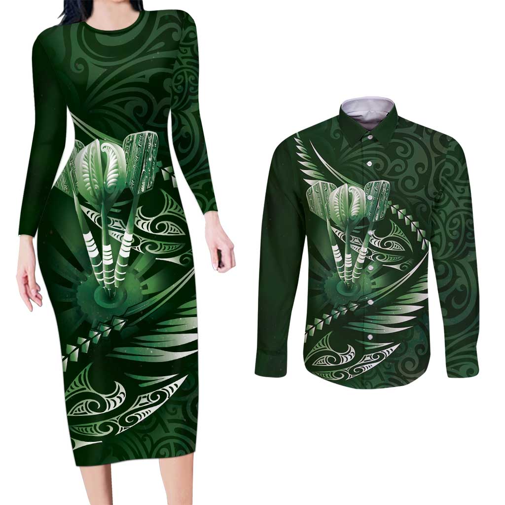 Personalised All Green New Zealand Darts Couples Matching Long Sleeve Bodycon Dress and Long Sleeve Button Shirt Aoteroa Fern Maori Galaxy Style LT14 Green - Polynesian Pride