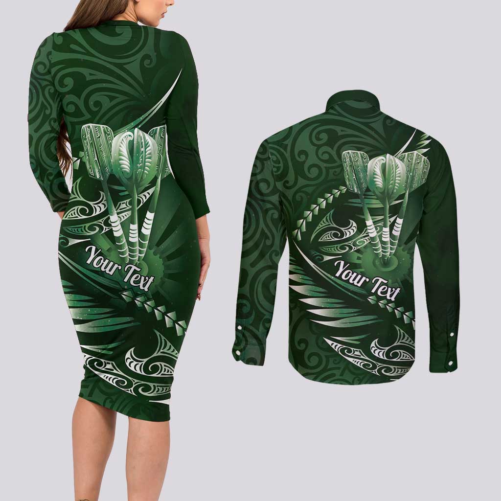 Personalised All Green New Zealand Darts Couples Matching Long Sleeve Bodycon Dress and Long Sleeve Button Shirt Aoteroa Fern Maori Galaxy Style LT14 - Polynesian Pride