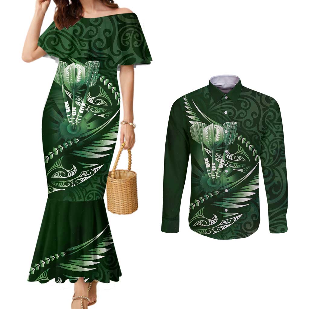 Personalised All Green New Zealand Darts Couples Matching Mermaid Dress and Long Sleeve Button Shirt Aoteroa Fern Maori Galaxy Style LT14 Green - Polynesian Pride