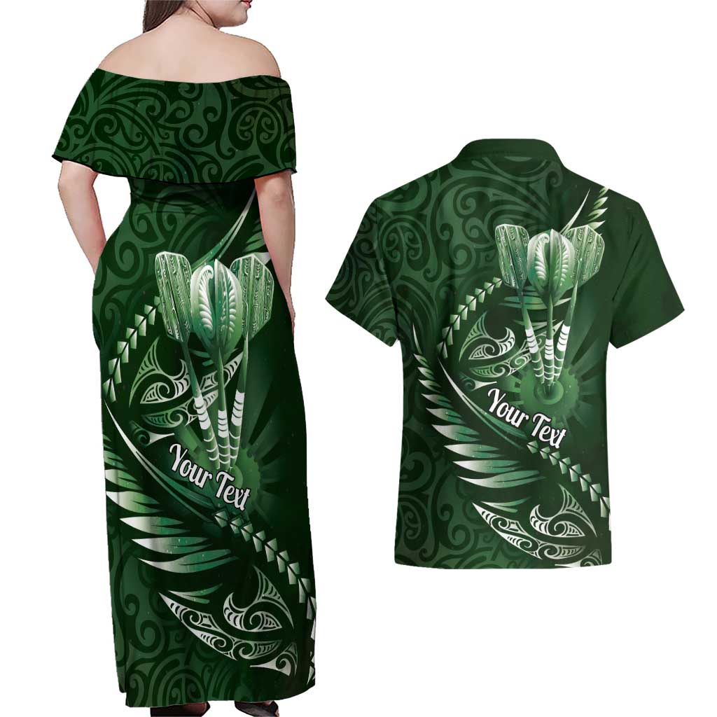 Personalised All Green New Zealand Darts Couples Matching Off Shoulder Maxi Dress and Hawaiian Shirt Aoteroa Fern Maori Galaxy Style LT14 - Polynesian Pride
