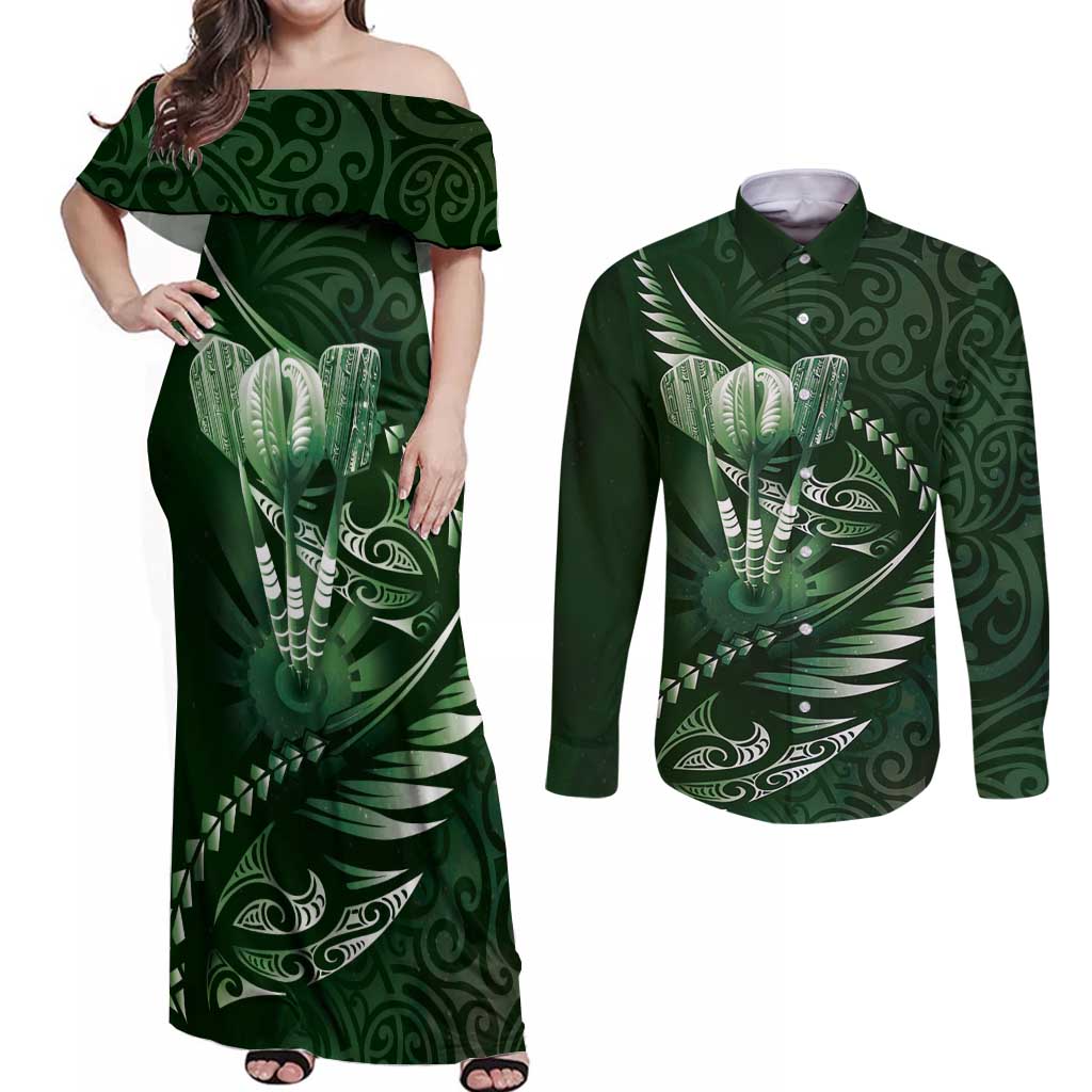 Personalised All Green New Zealand Darts Couples Matching Off Shoulder Maxi Dress and Long Sleeve Button Shirt Aoteroa Fern Maori Galaxy Style LT14 Green - Polynesian Pride