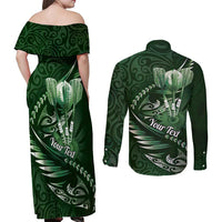 Personalised All Green New Zealand Darts Couples Matching Off Shoulder Maxi Dress and Long Sleeve Button Shirt Aoteroa Fern Maori Galaxy Style LT14 - Polynesian Pride