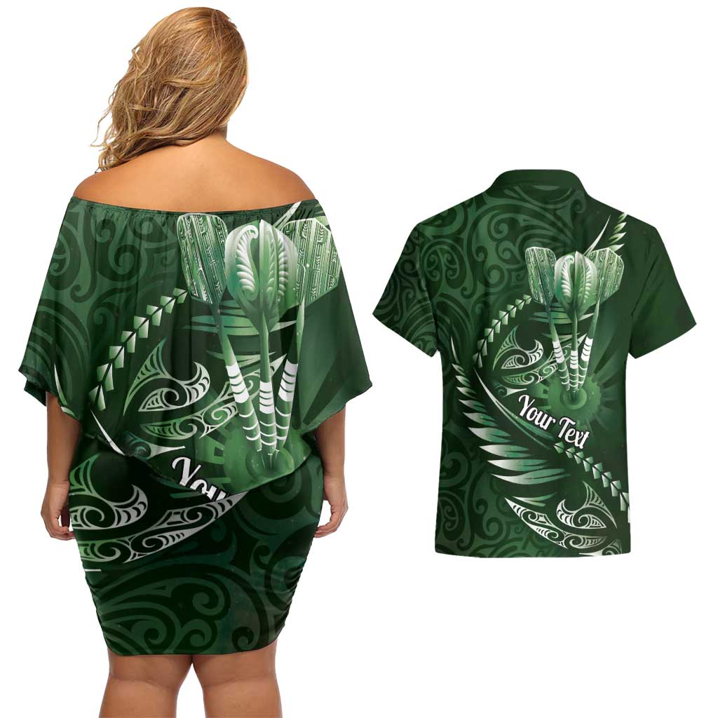 Personalised All Green New Zealand Darts Couples Matching Off Shoulder Short Dress and Hawaiian Shirt Aoteroa Fern Maori Galaxy Style LT14 - Polynesian Pride