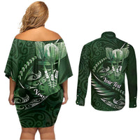 Personalised All Green New Zealand Darts Couples Matching Off Shoulder Short Dress and Long Sleeve Button Shirt Aoteroa Fern Maori Galaxy Style LT14 - Polynesian Pride