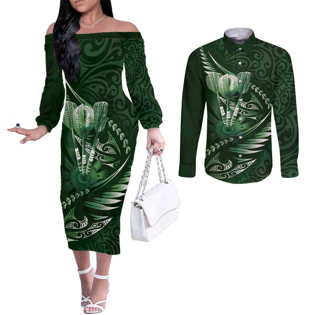 Personalised All Green New Zealand Darts Couples Matching Off The Shoulder Long Sleeve Dress and Long Sleeve Button Shirt Aoteroa Fern Maori Galaxy Style LT14 Green - Polynesian Pride