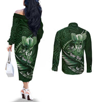 Personalised All Green New Zealand Darts Couples Matching Off The Shoulder Long Sleeve Dress and Long Sleeve Button Shirt Aoteroa Fern Maori Galaxy Style LT14 - Polynesian Pride