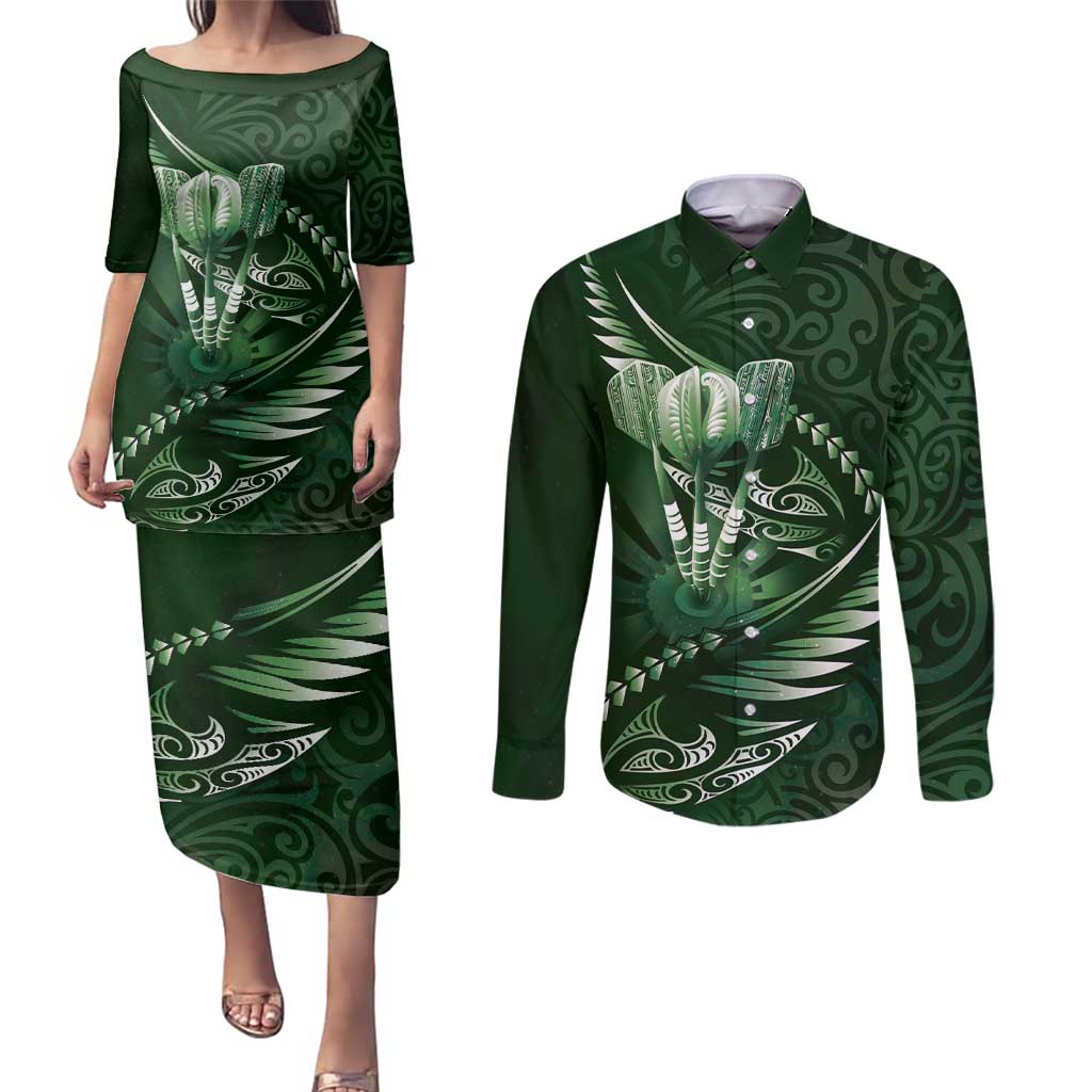 Personalised All Green New Zealand Darts Couples Matching Puletasi and Long Sleeve Button Shirt Aoteroa Fern Maori Galaxy Style LT14 Green - Polynesian Pride