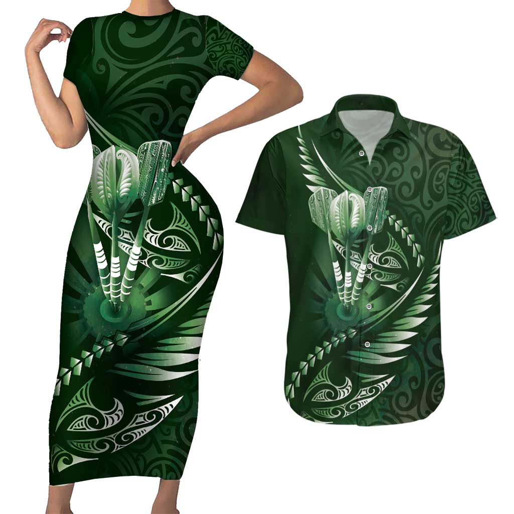 Personalised All Green New Zealand Darts Couples Matching Short Sleeve Bodycon Dress and Hawaiian Shirt Aoteroa Fern Maori Galaxy Style LT14 Green - Polynesian Pride