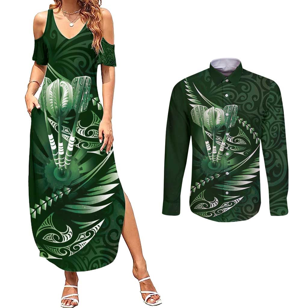 Personalised All Green New Zealand Darts Couples Matching Summer Maxi Dress and Long Sleeve Button Shirt Aoteroa Fern Maori Galaxy Style LT14 Green - Polynesian Pride