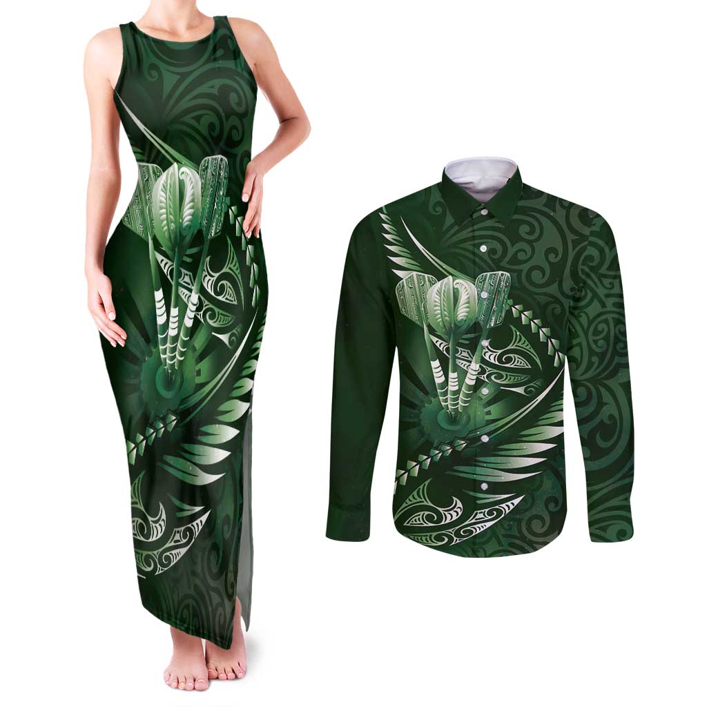 Personalised All Green New Zealand Darts Couples Matching Tank Maxi Dress and Long Sleeve Button Shirt Aoteroa Fern Maori Galaxy Style LT14 Green - Polynesian Pride
