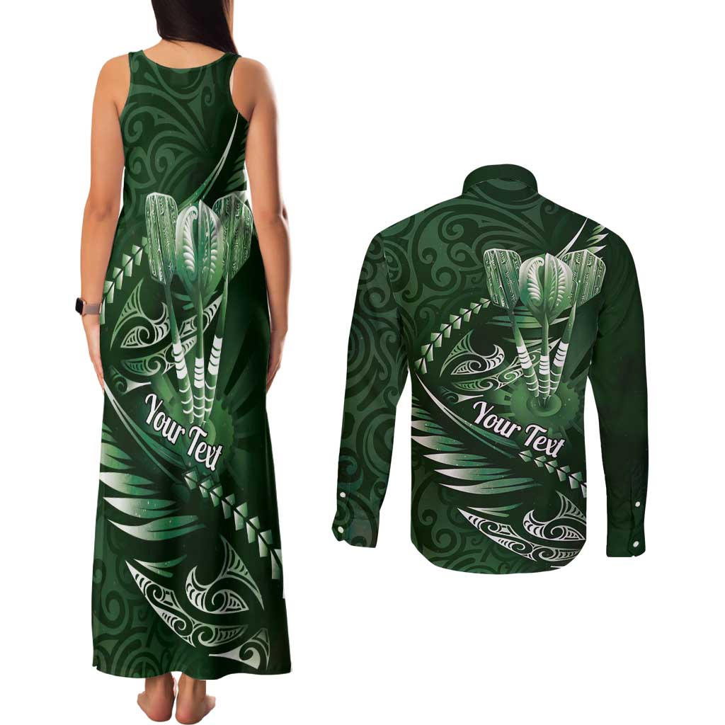 Personalised All Green New Zealand Darts Couples Matching Tank Maxi Dress and Long Sleeve Button Shirt Aoteroa Fern Maori Galaxy Style LT14 - Polynesian Pride