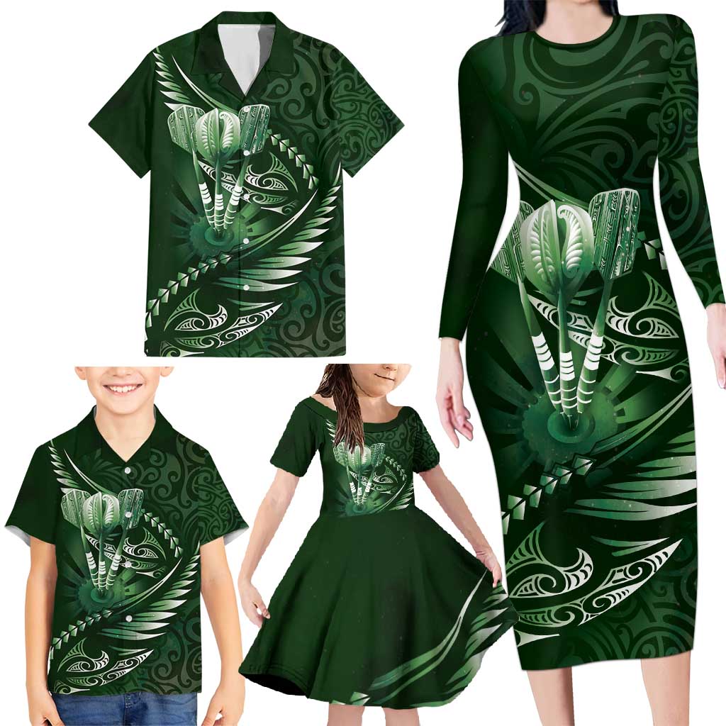 Personalised All Green New Zealand Darts Family Matching Long Sleeve Bodycon Dress and Hawaiian Shirt Aoteroa Fern Maori Galaxy Style LT14 - Polynesian Pride