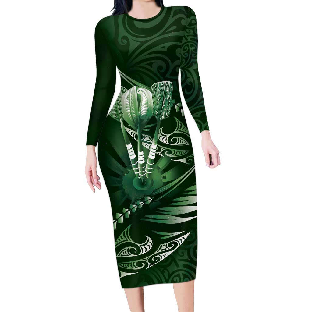 Personalised All Green New Zealand Darts Family Matching Long Sleeve Bodycon Dress and Hawaiian Shirt Aoteroa Fern Maori Galaxy Style LT14 Mom's Dress Green - Polynesian Pride