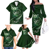 Personalised All Green New Zealand Darts Family Matching Off The Shoulder Long Sleeve Dress and Hawaiian Shirt Aoteroa Fern Maori Galaxy Style LT14 - Polynesian Pride