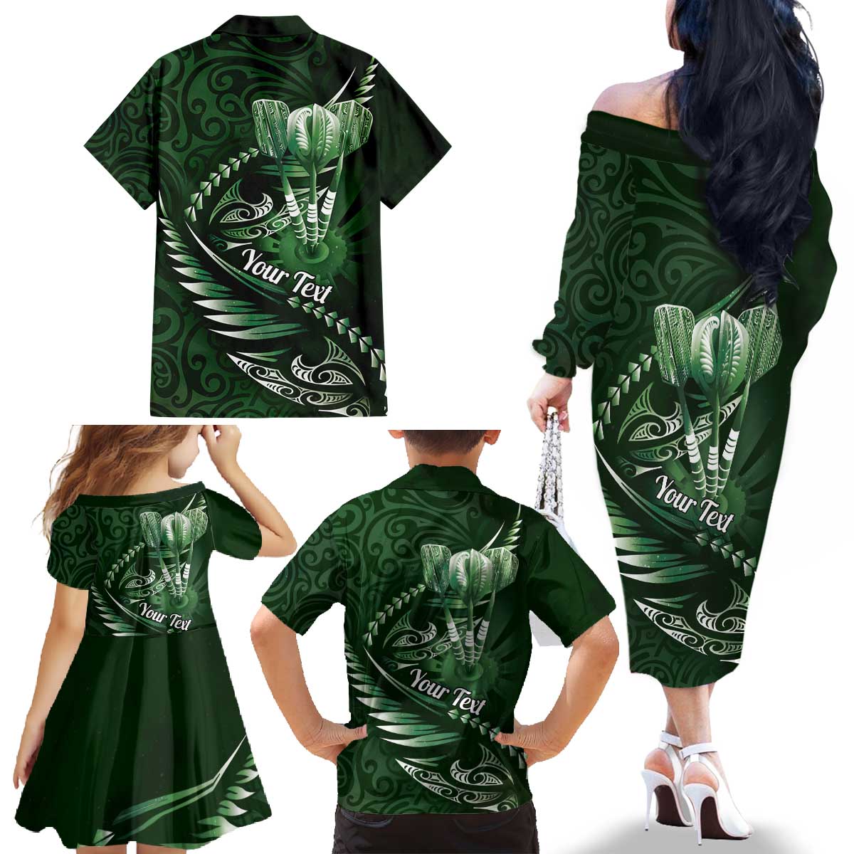 Personalised All Green New Zealand Darts Family Matching Off The Shoulder Long Sleeve Dress and Hawaiian Shirt Aoteroa Fern Maori Galaxy Style LT14 - Polynesian Pride